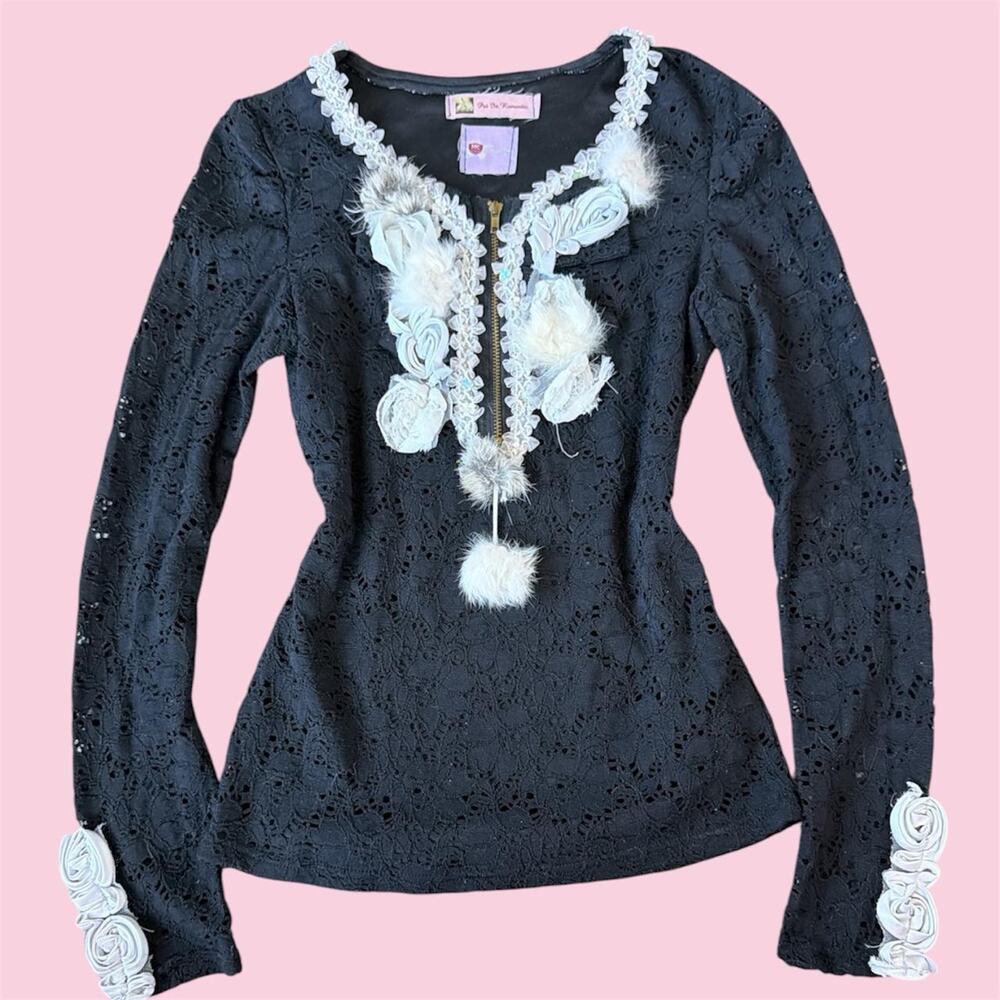 Gothic Black lace long sleeve top with white floral appliqués and pom-poms